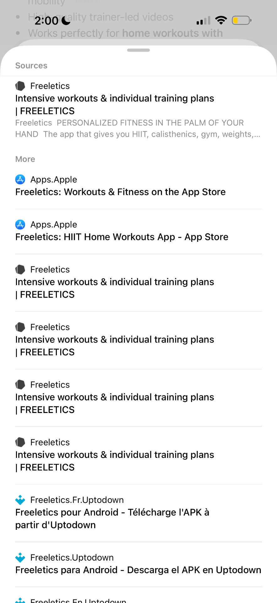 ChatGPT Sources panel showing multiple citations of Freeletics.com as the primary source