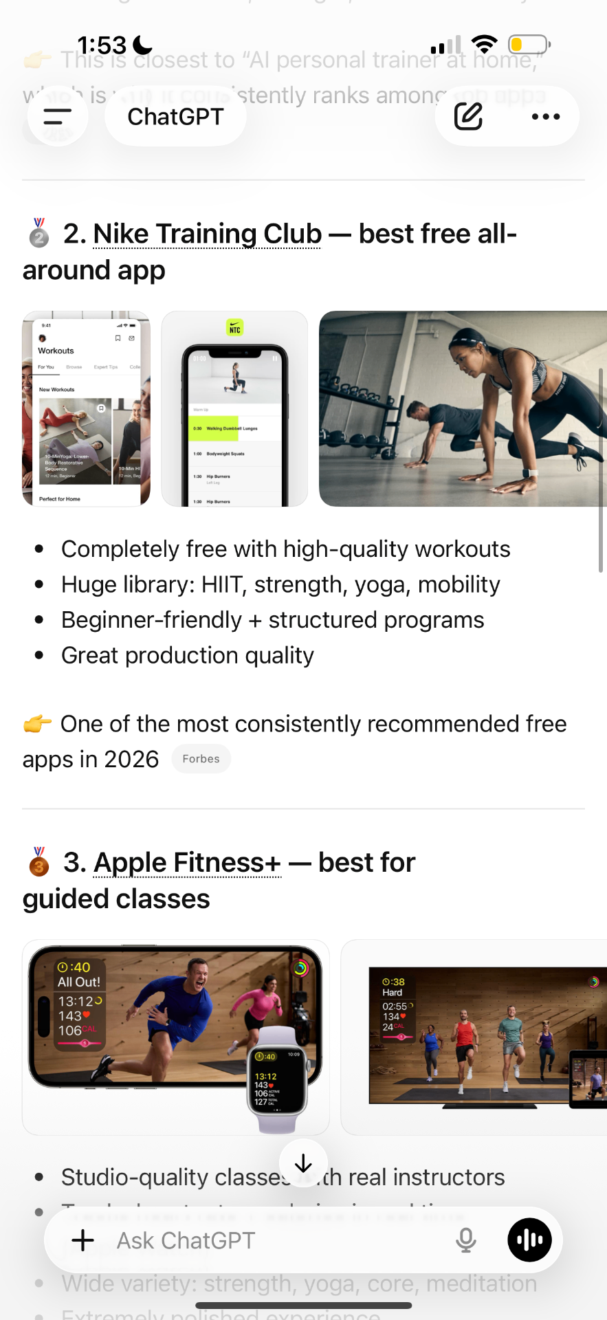 ChatGPT ranking Nike Training Club at #2 and Peloton at #7 for fitness apps