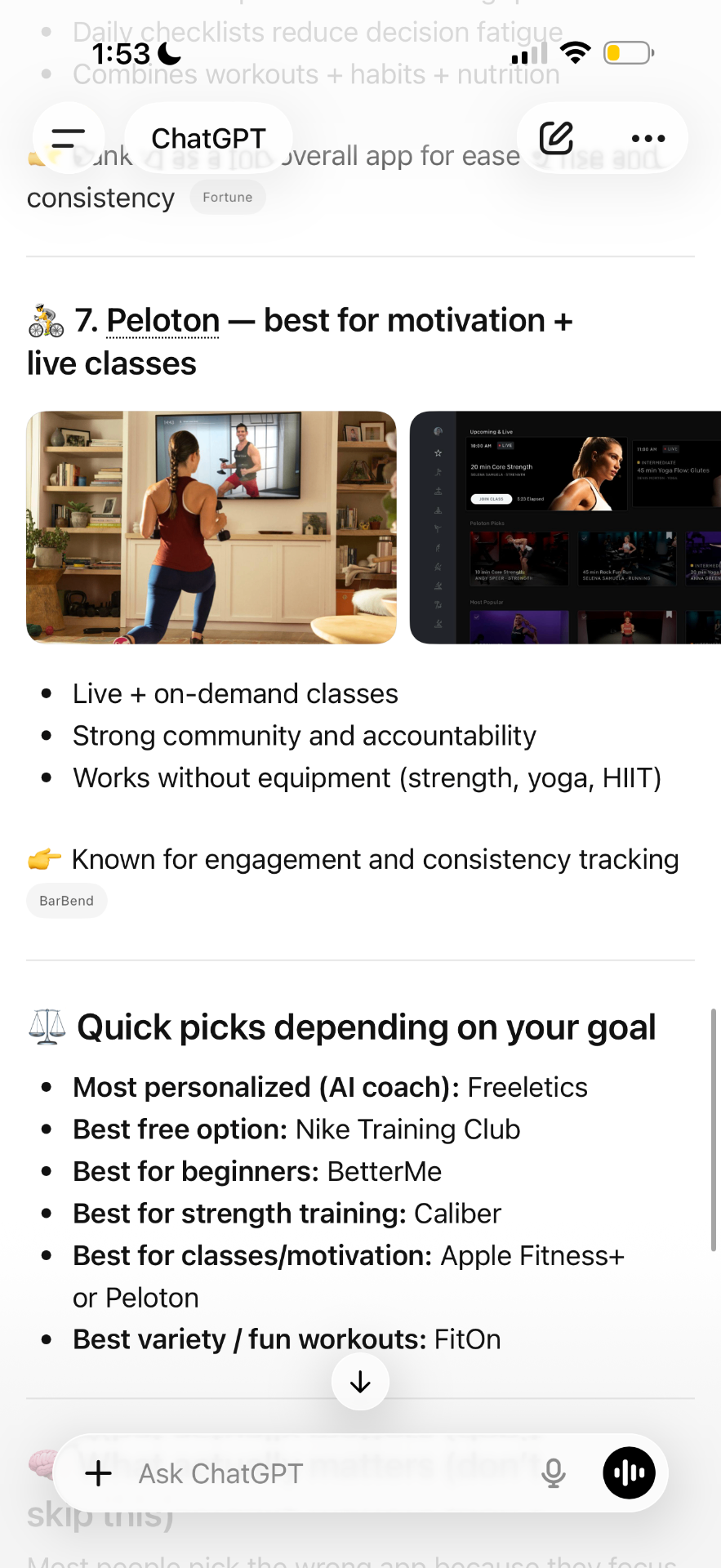 ChatGPT Quick Picks section listing Freeletics as most personalized fitness app with AI coaching
